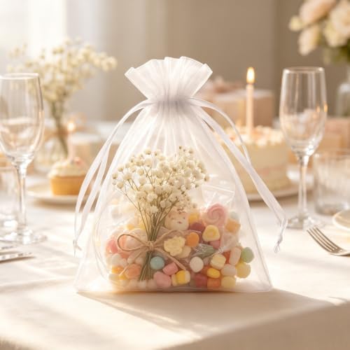 Wudygirl 50 Pcs Organza Bags, 5x7 IN Drawstring Gift Bags-White
