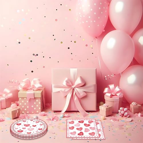 40PCS Valentine's Day Decorations,Pink Love Red Heart Valentines Plates and Napkins Party Supplies Disposable Tableware Set for Valentines Day Birthday Anniversaries Wedding,Serve 20 Guests