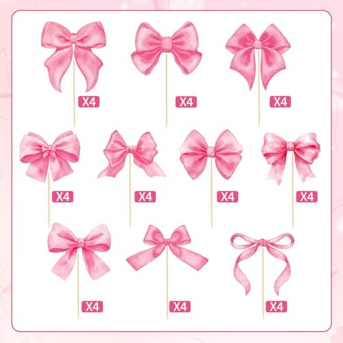 Hooqict 40Pcs Pink Bow Cupcake Toppers Pink Bow Birthday Cake Decorations Cupcake Picks for Girls Coquette Birthday Decorations Baby Shower Bachelorette Bridal Wedding Party