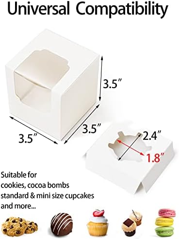 Happyhiram 50 Pack Individual Cupcake Boxes with Inserts & Window, White