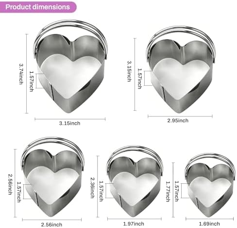 Stainless Steel Heart Cookie Cutter Set of 5 with Handle, Small to Large Heart Shapes for Baking, Pancakes, Sandwiches, Cheese, Fruits, Playdough, Valentine's Day Baking Supplies