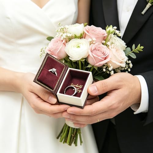 Book Shaped Ring Box - Vintage Engagement Ring Box with Hinged Lid for Proposal Engagement Wedding, Proposal Ring Case -PRB012-Brown
