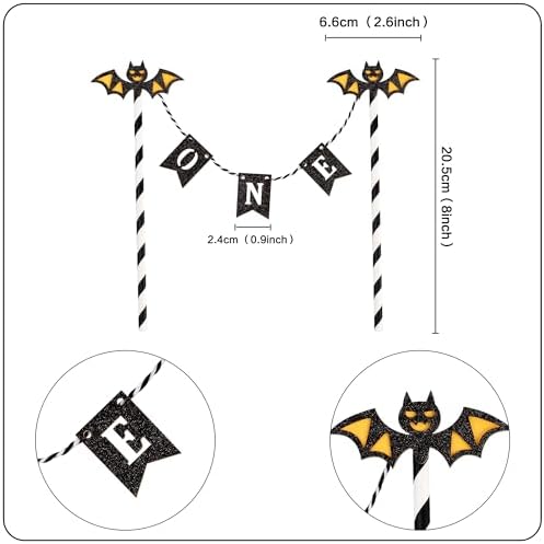 Ercadio 5Pcs Halloween Bat One Banner Cake Toppers Bats One Cake Picks for Baby Shower Happy Halloween Day Theme Birthday Party Cake Decoration Supplies