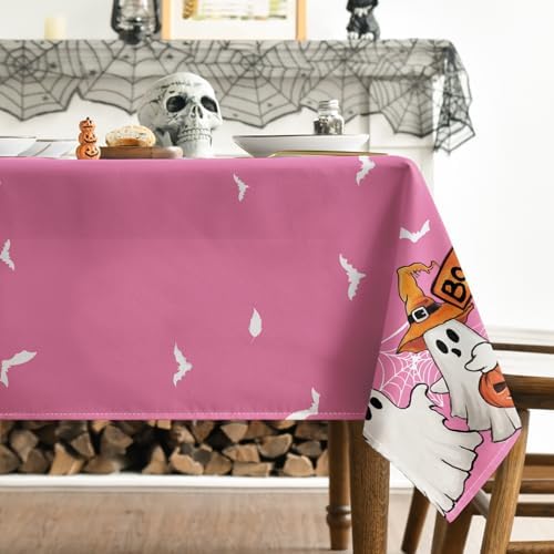 Horaldaily Halloween Tablecloth 60 x 104 Inch Rectangular Pink Bat Ghost