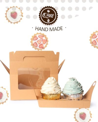 qiqee 100 Packs Cupcake Box Two Holder 6.5x3.6x3.5inch(2.2" Top) Kraft 2 Cupcake Boxes With Window（100 Boxes+100 Inserts）