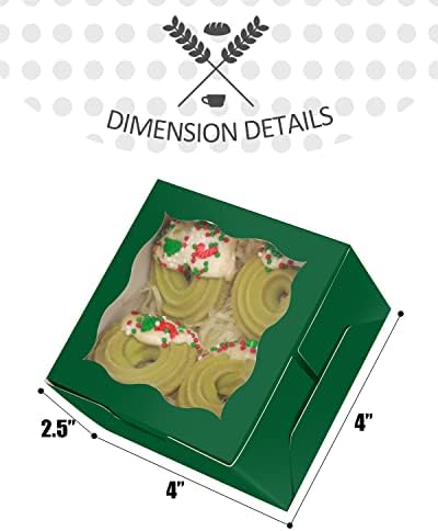 qiqee Deep Green Bakery Boxes with Window 55pcs 4x4x2.5 Mini Cookie Boxes Macaron Boxes Small Donut Pastry Boxes for Party