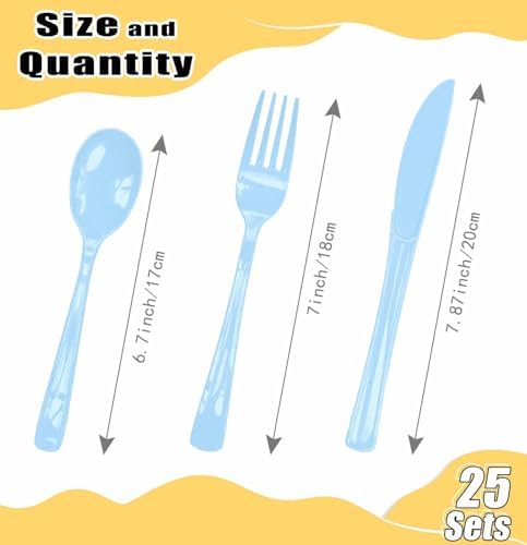 HEIPINIUYE 75 Pack Light Blue Plastic Cutlery Heavy Duty Baby Blue Plastic Knives Forks and Spoons Disposable Silverware Set for 25 Guest Camping Birthday Baby Shower Party Cutlery Set