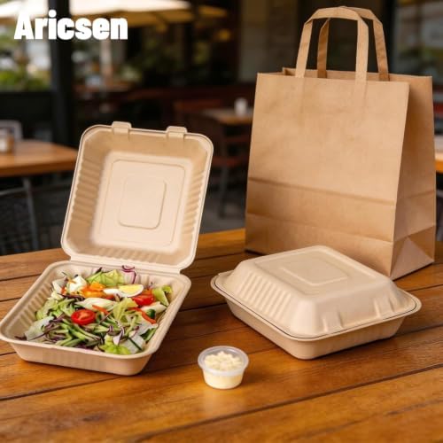 Aricsen Disposable 100 Pack 8×9 Inch Takeout Lunch Box Containers with Lids
