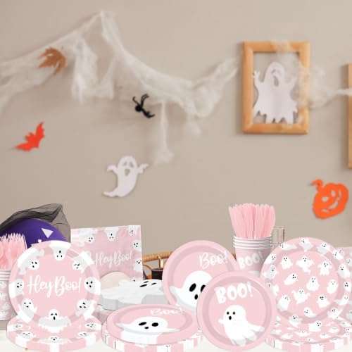 Halloween Paper Plates and Napkins, 144Pcs Pink Halloween Decor Ghost Plates and Napkins Cute Boo Ghost Tableware Set for Hallo-ween Birthday Party Decorations Boo Baby Shower Party Supplies (Pink)