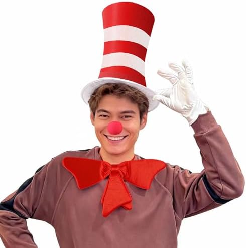 Red and White Striped Top Hat, Adult Standard Size, Cat Hat Costume Halloween Role-Play Party Accessory
