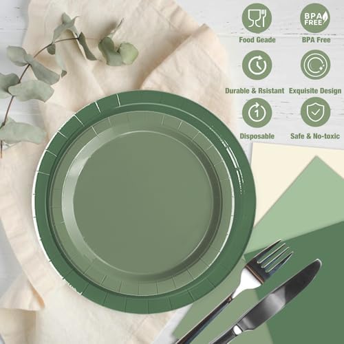 Oigco 150 PCS Sage Green Paper Plates, Sage Green Birthday Decorations, Disposable Plates and Napkins for Birthday Wedding Bridal Baby Shower Party Supplies, Serves 50