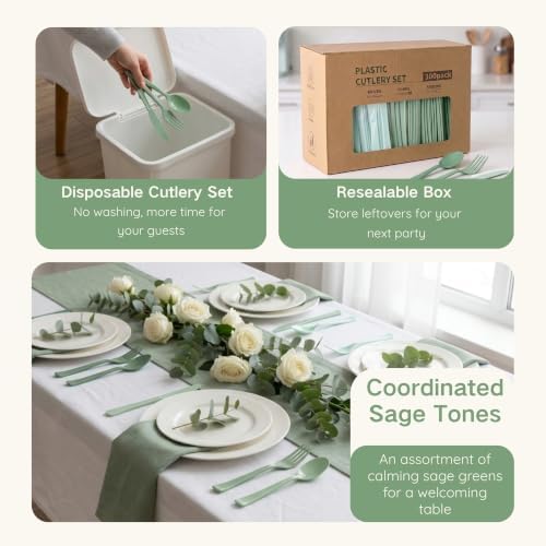 300Pcs Sage Green Plastic Silverware Set, Full Size Disposable for Dinner