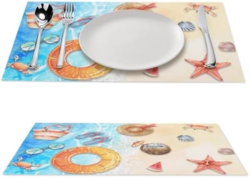 Summer Beach Placemats Set of 6, 12x18 Inch Seasonal Summer Coastal Wave Tropical Floral Starfish Seashell Ocean Theme Holiday Coffee Table Mats for Party Kitchen Dining Decoration