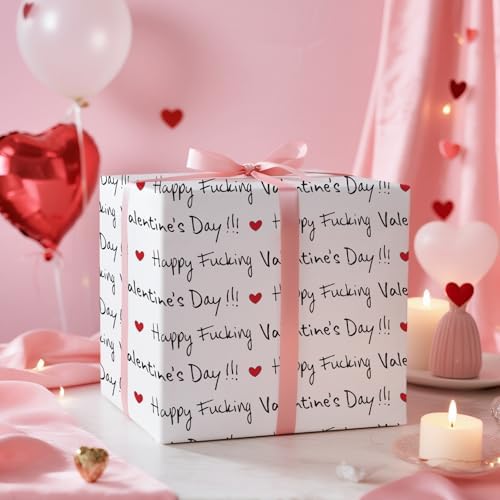 RUSPEPA Funny Valentine's Day Wrapping Paper Roll, Mini Roll, Happy F*ing Valentine's Day Lettering with Red Heart Gag Gift Wrap for Wedding, Anniversary, Birthday, Engagement, 17 Inches x 16.4 Feet