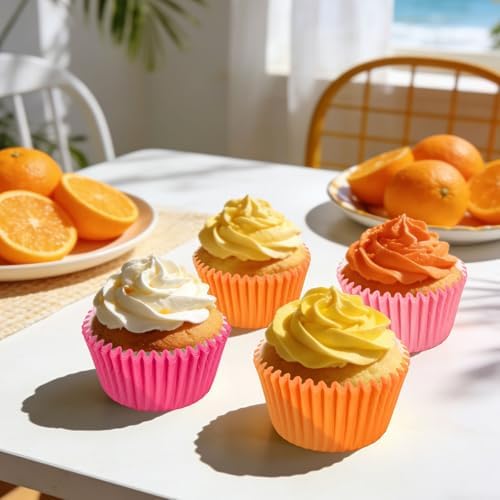 Whaline 300Pcs Orange Pink Cupcake Liners Paper Baking Cups Summer Standard Muffin Cupcake Wrappers for Party Supplies Table Decor