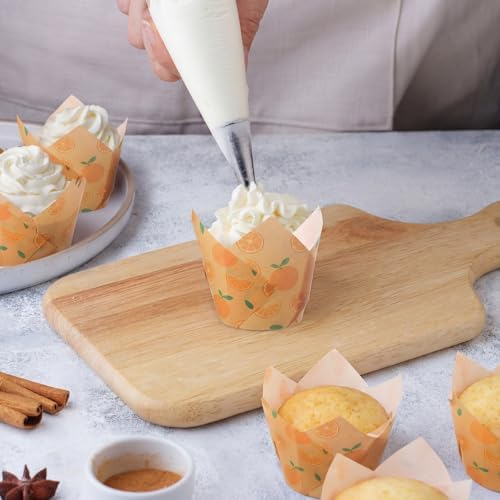 Maxdot 200 Pcs Orange Tulip Cupcake Liners for Baking Little Cuties Paper Muffin Baking Cups Orange Fruit Theme Tulip Muffin Liners Wrappers for Summer Birthday Baby Shower Dessert Fruit Party