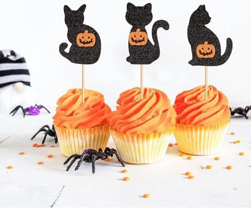 24Pcs Halloween Cat Cupcake Toppers Pumpkin Kitty Cupcake Picks