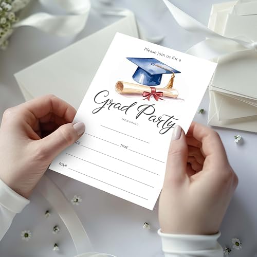 4x6 2026 Watercolor Grad Party Invitations (20 Cards + 20 Envelopes) - Blue Cap & Diploma Grad Celebration Invites.(015)
