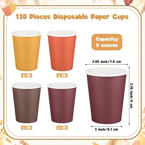 URATOT 120 Pieces 9 Ounce Disposable Paper Cups Autumn Color Party Cups Thanksgiving Fall Drinking Cups for Party, DIY, and Holiday, 4 Colors