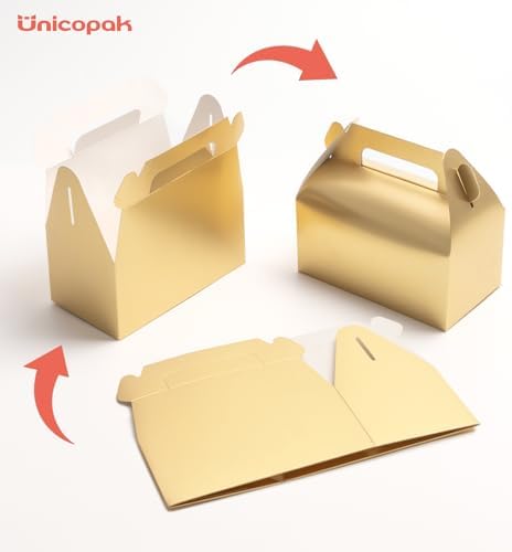UnicoPak 30 Pack Gold Gable Treat Boxes, Party Favor Boxes, Gift Boxes for Kids, for Snacks, Candy, Toys, Birthday Party, Wedding, Halloween, Christmas – 6.5x3.5x3.5 Inches