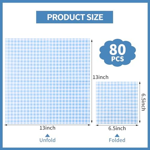 NatNarr 80 Pk Gingham Napkins Light Blue Napkins Disposable, 6.5"