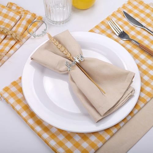Thanksgiving Napkin Rings Set of 12, Thankful Napkin Holder for Autumn Harvest Festival Banquet Fall Serviette Buckles for Table Setting (Thankful Silver)