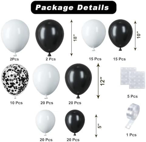 Black White Balloons Arch Kit, 124pcs Black and White Confetti Balloons