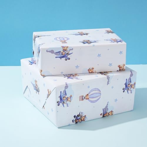 Cuitpan Baby Shower Wrapping Paper Roll - Blue Bears in Hot Air Balloon & Airplane Design for Baby Boy, Birthday Gift Wrap, Baby Shower Decor - 17 inches x 16.5 Feet,Cut Lines on Back