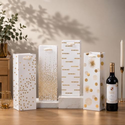 SHIPKEY 4 PCS Wine Gift Bags 13.7" Luxury Gold Bottle Bag for Weddings