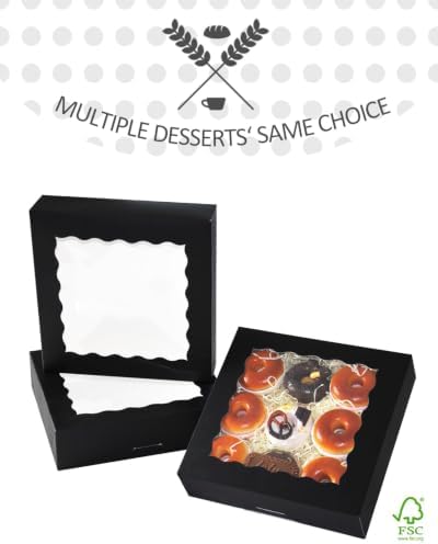 qiqee 10"x 10"x 2.5" Black Pie Boxes with Window 50Packs Cookie Donut Bakery Box (Auto-pop Up)