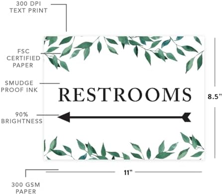 Andaz Press Wedding Party Directional Signs, Natural Greenery Green Leaves, 8.5x11-inch, Double-Sided, Restrooms with Big Arrow, 1-Pack