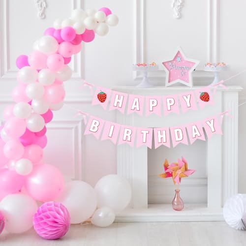 Strawberry Happy Birthday Banner Decorations, Pre-Strung Letter Garland with Berry Accents for Girls Birthday Party, Baby Shower, Indoor Outdoor Wall Decor and Photo Backdrop, Pink