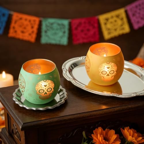 Day of Dead Skull Glass Votive Candle Holders for Indoor Halloween Decor