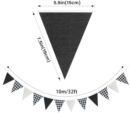 G2PLUS Black and White Gingham Fabric Bunting Banner, 32Ft Cotton Burlap Triangle Garland for Soccer Party, Game Day, Racing Car Party, Birthday, Graduation & Outdoor Decorations