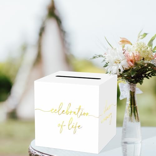 QISOLIY White Celebration of Life Card Box with Gold Lettering, Share a Memory Funeral Card Box for Memorial Service, Remembrance Table Decor, Memory Box for Sympathy Condolence Messages