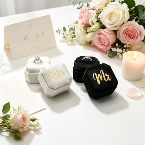 Mr & Mrs Wedding Ring Box - Engagement Ring Box Ring Display Holder Case with Lid for Proposal Engagement Wedding, 1.77x1.77x1.77 IN U2-PRB009-mr mrs Black White