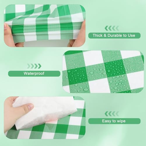 Kochorie 54 Inch x 300 Ft Light Green Checkered Plastic Table Cloth Roll Disposable Waterproof Table Cover Plastic Table Cover Roll with Easy Slide Cutter for Outdoor Picnic/Home Dining/Spring Party