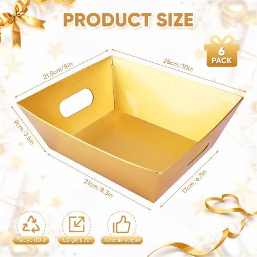 AFOROEOA 6 Pack Gold Baskets For Gifts Empty, 10x8" Thick Paper Basket with 6 Clear Bags and 6 Gold Bows, Empty Gift Baskets for Christmas Valentine Easter Birthday Anniversary Luxury Wrapping