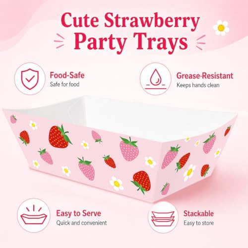100 Pcs Strawberry Paper Food Trays, Pre-Folded Disposable Food Boats for Cookies, Cupcakes, Popcorn, Candy, Snacks, Strawberry Birthday, Baby Shower, Bridal Shower Party Supplies