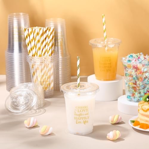 Funnymoom 50 Sets Wedding Plastic Cups with Lid and Straw Cheers to Love 16 oz Disposable Cup Clear Cold Beverage Drinking Glasses Bulk for Wedding Reception Bridal Shower Engagement Party Decoration