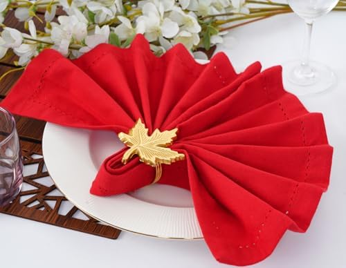 Blue Needles Set of 6 Hemstitch Linen Napkins 100% Cotton Red Cloth Dinner Napkins 18x18 inches, Soft, Reusable, Absorbent, Washable, Ideal for Spring Summer Easter Events, Parties & Everyday Use