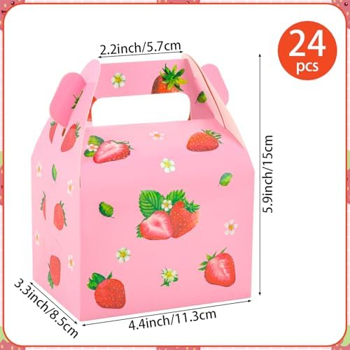 24 Pieces Strawberry Party Favor Boxes Gable Candy Treat Box Folding Paper Gift Box with Handles Fruit Party Favors for Strawberry Themed Sweet Birthday Party Baby Shower Wedding Decoration Supplies