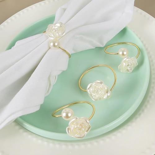 Gold Rose Pearl Valentine's Day Napkin Rings Set of 6, Metal Valentine's Day Napkin Holders Table Decorations Mother's Day Wedding Party Supplies