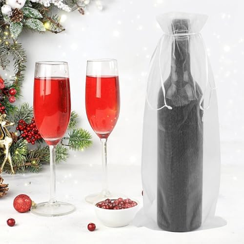 KIMOBER 30Pcs White Organza Wine Bags, 6.3" × 14.6" Mesh Christmas Wine Bottle Gift Bags with Drawstring for Christmas, Champagne Bottles, Wedding Party Gifts