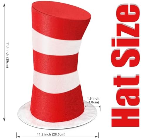 Red and White Striped Top Hat, Adult Standard Size, Cat Hat Costume Halloween Role-Play Party Accessory