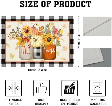 Fall Placemats Set of 4 18x12 Inch Autumn Flower Leaf Linen Place Mats Heat-Resistant Washable Wipeable Buffalo Check Plaid Table Mat for Party Kitchen Dining Room Dinner Decor