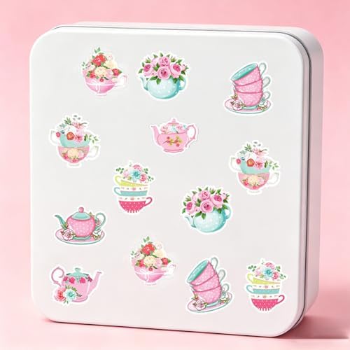 500Pcs Tea Gathering Stickers Roll 8 Designs Pink-Themed Flowers Stickers 1in Self-Adhesive Waterproof Sticker for Birthday Party Envelopes Scrapbook Decorations