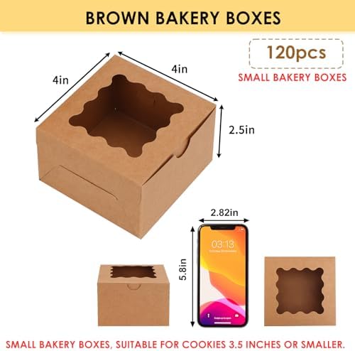 Moretoes 120pcs Small Cookie Boxes with Window,Brown Bakery Boxes,4x4x2.5