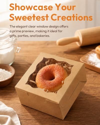 qiqee Bakery Box with Window 4*4*2.5inch/100Packs Brown Macaron Boxes Small Donut Pastry Boxes for Party Mini Cookie Boxes(5 Diferent Gift Include)