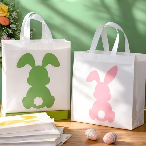 Wesnoy 48 Pcs Easter Gift Bag with Handle Bulk Non Woven Bunny Bags Reusable Easter Spring Bunny Tote Bag Rabbit Candy Basket Container for Gift Wrapping Egg Hunt Party Favor, 11.4 x 10.6 x 4.7 Inch